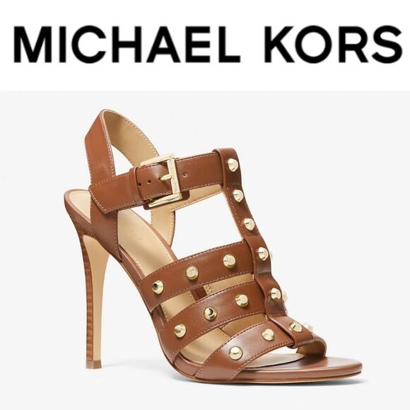 NEW MICHAEL KORS STUDDED JAGGER LEATHER SANDALS HEELS BROWN TAN 10 NWT NO BOX - Picture 1 of 4